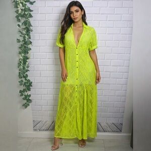 Urban Outfitters Neon Yellow Lace Button-Down Maxi Dress Size SP